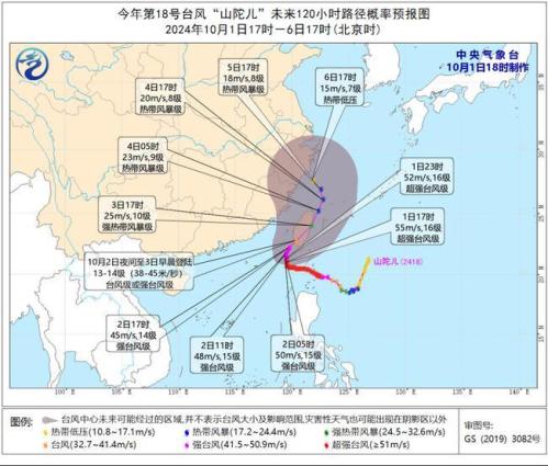 台风预警：“山陀儿”将于2日夜间至3日早晨在台湾岛沿海登陆