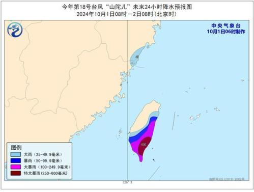 台风橙色预警：“山陀儿”将于明天下午至晚上在台湾岛西南部登陆